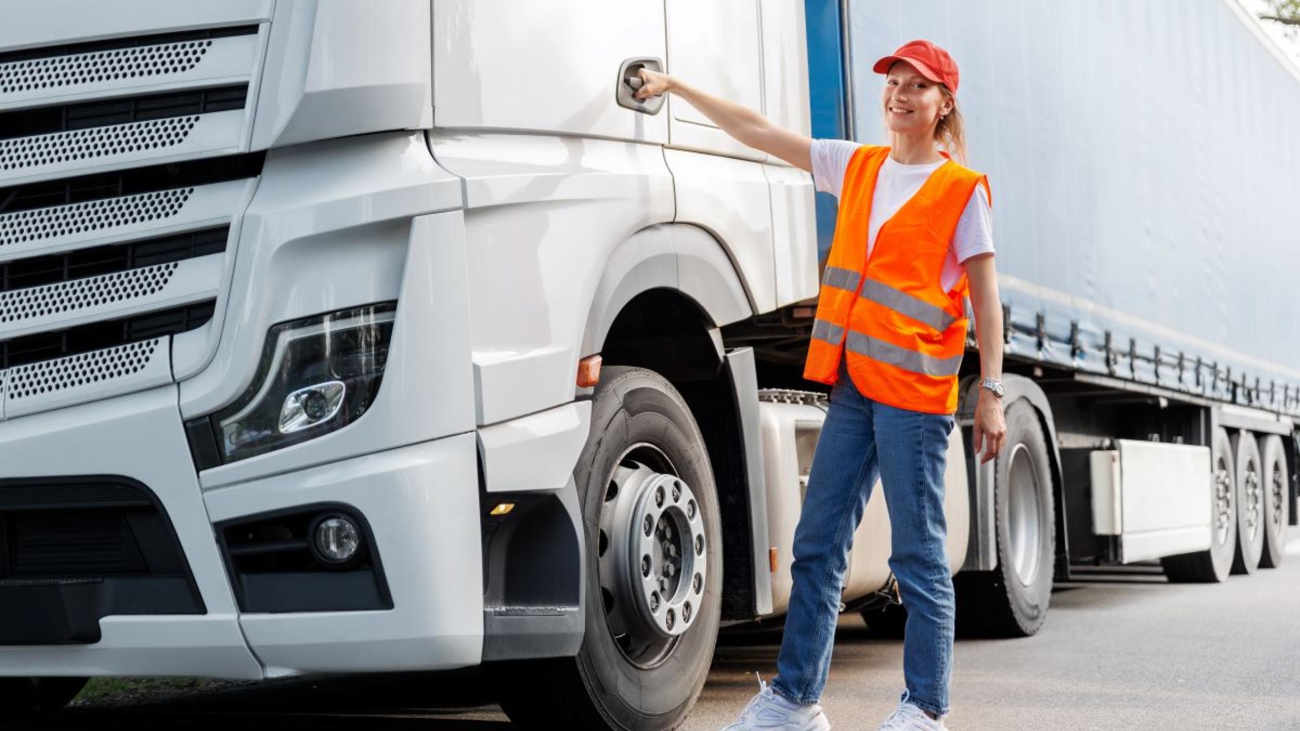 Vrouw met oranje fluohesje naast witte vrachtwagen.